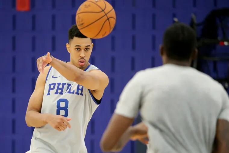 The Sixers' Zhaire Smith practices working on a drill during Sixers practice Thursday.