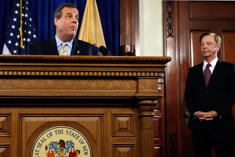 In this Sept. 18, 2014, file photo, Gov. Christie announces that he has chosen Jamie Fox, right, to be commissioner of the New Jersey Department of Transportation. (AP Photo/Mel Evans, File)