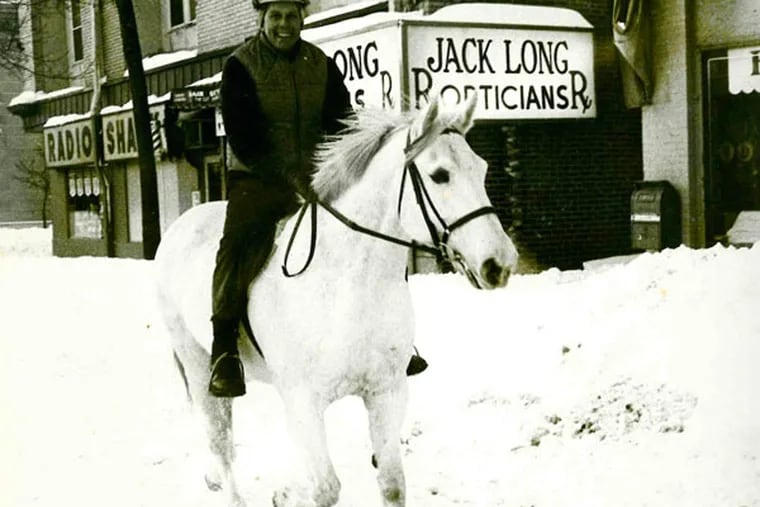 James Winsor astride Jasper, one of the family’s two horses. He was riding along Lancaster Avenue in Ardmore during a snowstorm.