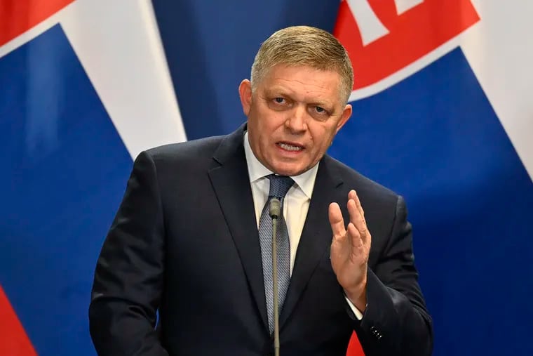 Slovakia's Prime Minister Robert Fico speaks during a press conference with Hungary's Prime Minister Viktor Orban at the Carmelite Monastery in Budapest, Hungary, on Tuesday.