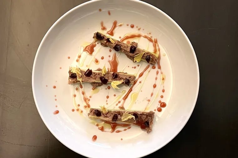 Ants on a log with chicken liver mousse and brandied cherries on the menu at Gass & Main, 7 King's Court, Haddonfield.