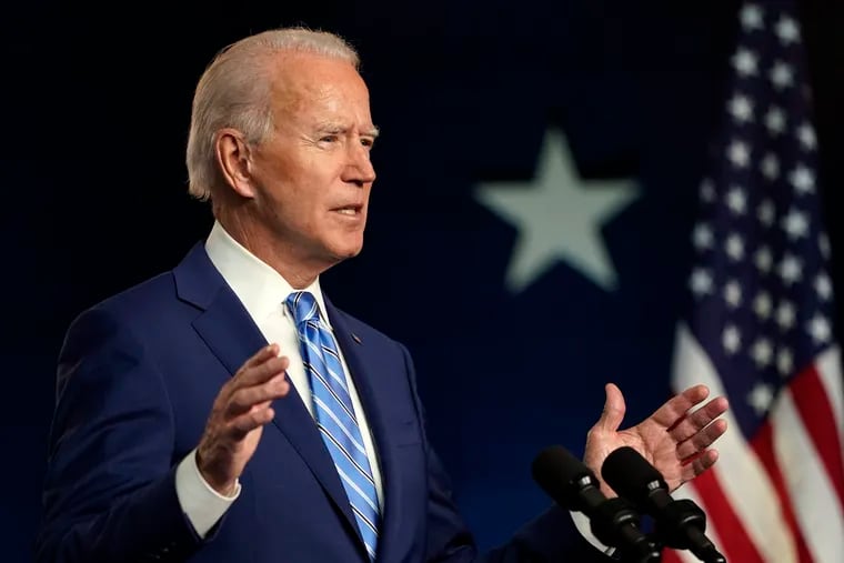 Democratic presidential nominee Joe Biden speaks Wednesday in Wilmington.