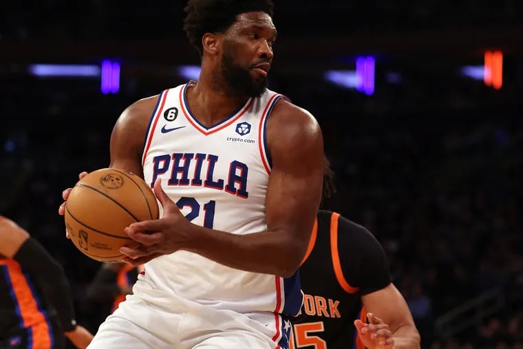 Philadelphia 76ers center Joel Embiid returns from the All-Star break as the NBA’s second-leading scorer at 33.1 points per game. Embiid and the 76ers are favored to win their fifth in a row Thursday when they host the Memphis Grizzlies. (Photo by Elsa/Getty Images)