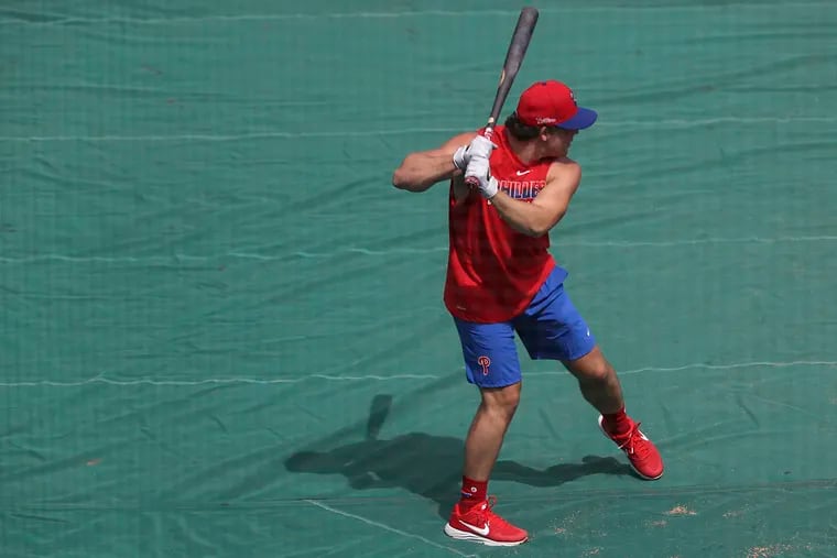 Phillies infielder Scott Kingery prepares to bat during a training camp practice session at Citizens Bank Park on Saturday.