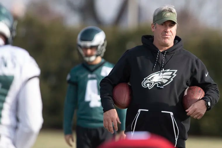 Eagles head coach Doug Pederson watching his players during a recent practice.