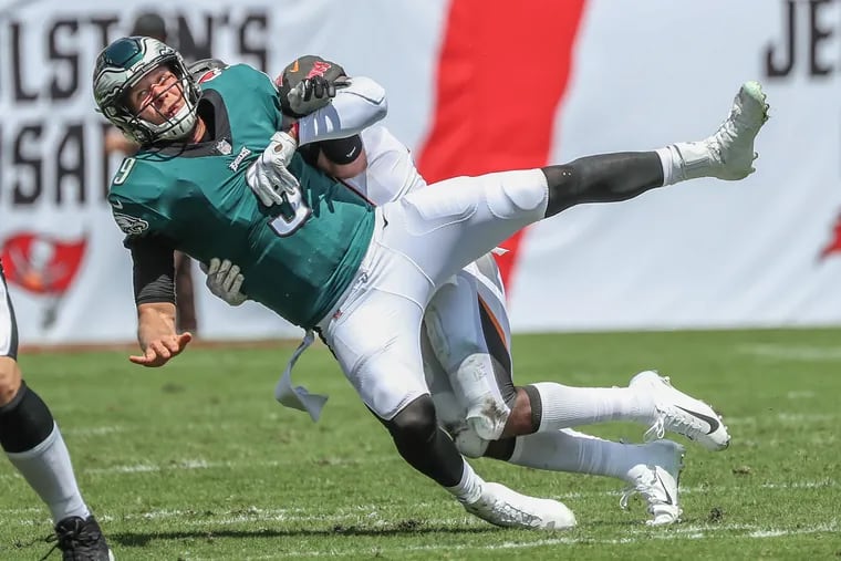 Nick Foles is sacked by Tampa Bay's Kwon Alexander in the first half. The play resulted in a fumble.