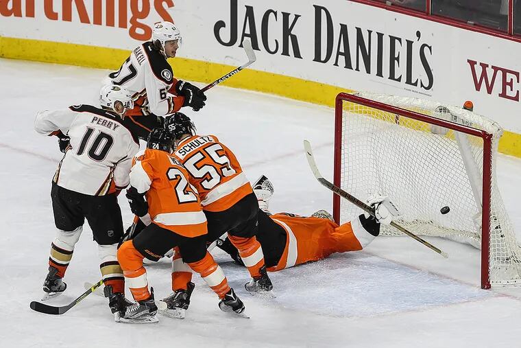 Flyers goalie Steve Mason can't stop the power play goal of the Ducks'
Rickard Rakell.