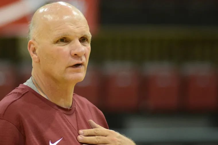 Coach Phil Martelli’s  Hawks improved to 5-5 by beating Maine. speaks with the media during St. Joseph's University basketball media day Thursday, November 02, 2017 at Hagan Arena in Philadelphia, Pennsylvania.