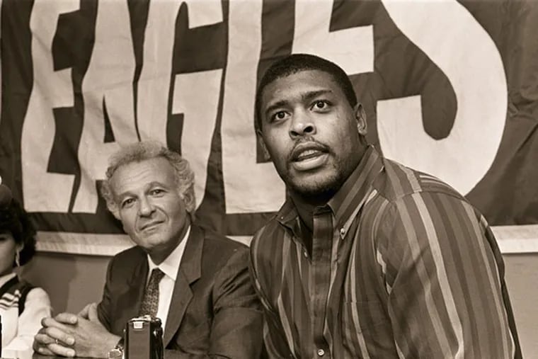 Ex-Eagles owner Norman Braman (left) was unpopular with many fans for letting excellent players leave, including defensive end Reggie White (right), now in the Hall of Fame.