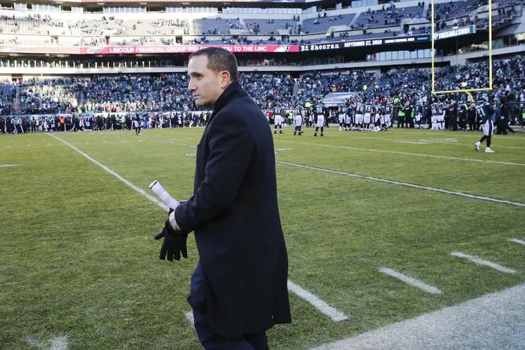 Eagles Executive Vice President of football operations Howie Roseman during pregame warm-ups prior to the Eagles playing the Atlanta Falcons in a NFC Divisional Playoff game on Saturday, January 13, 2018 in Philadelphia.
