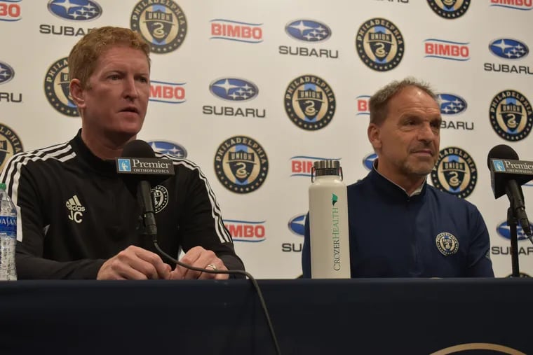 Union manager Jim Curtin (left) and sporting director Ernst Tanner (right) at a news conference at Subaru Park last November.