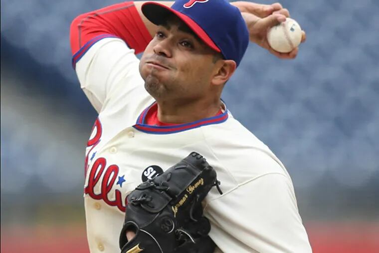 Phillies' pitcher Jeanmar Gomez throws against the  Marlins  during the 9th inning at Citizens Bank Park in Philadelphia, Thursday, April 23, 2015. The Marlins beat the Phillies 9-1. (Steven M. Falk / Staff Photographer)