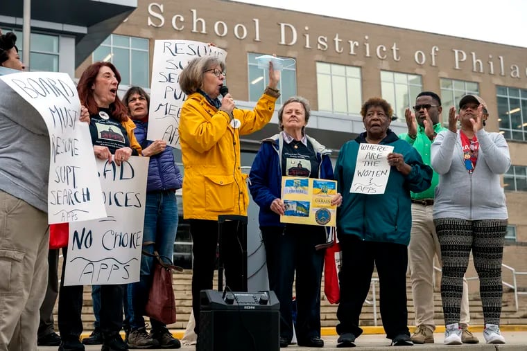 Lisa Haver, a retired teacher and founder of the Alliance for Philadelphia Public Schools, speaks during a protest outside School District headquarters on March 17, 2022. They are upset that the school board’s search for a new superintendent included no women and no Philadelphians and is urging it to go back to the drawing board and find more candidates.