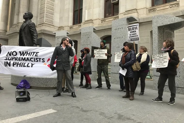 Demonstrators gathered at Philadelphia City Hall Wednesday, Nov. 14, 2018 to denounce a rally scheduled for Independence Hall Saturday that they believe could include white supremacists or other hate groups.