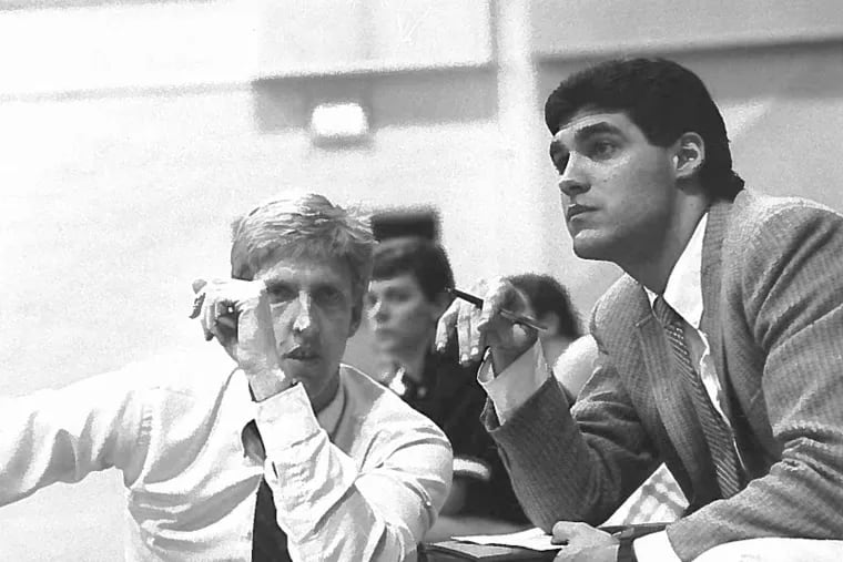 Mike Neer, left, was Jay Wright's first coaching boss, hiring Wright as his assistant at the University of Rochester.