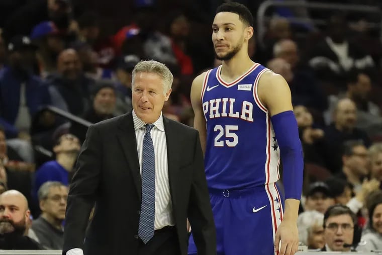 Sixers coach Brett Brown and point guard Ben Simmons Brett Brown talking to Ben Simmons during a playoff game against the Celtics. They both have tied to Melbourne United.
