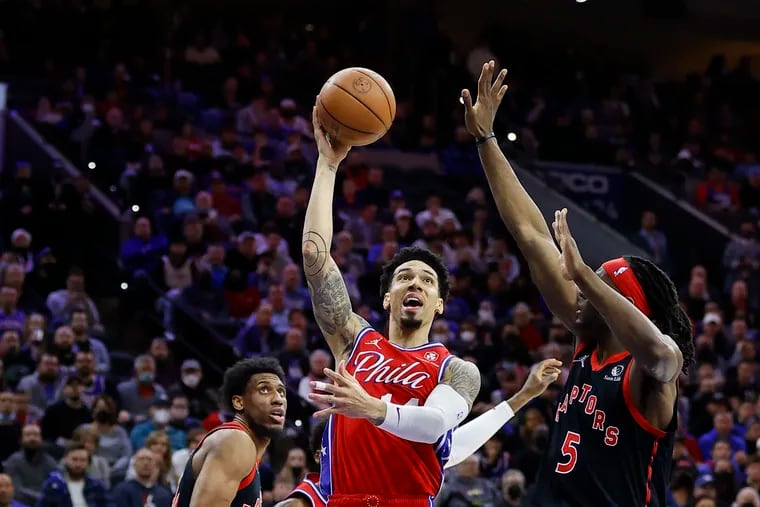 Sixers guard Danny Green shooting the basketball over Raptors forward Precious Achiuwa during Game 2 of the Eastern Conference quarterfinals on Monday.