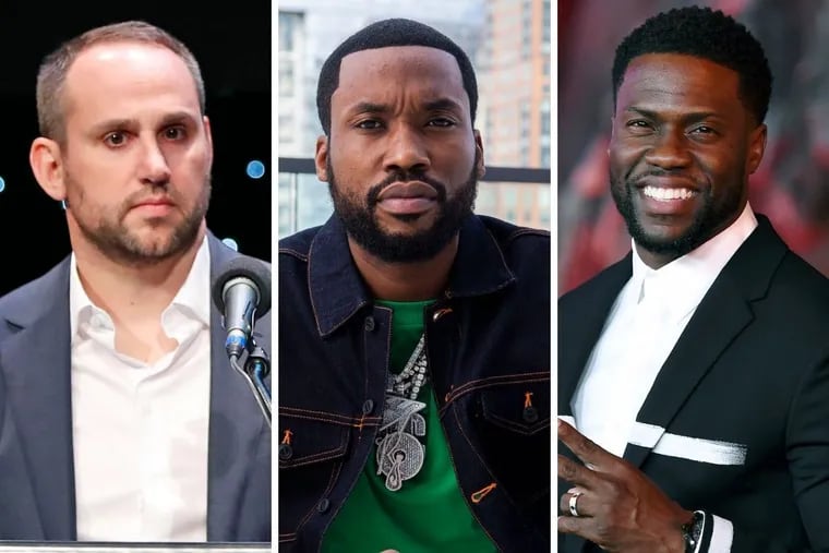 Sixers co-owner Michael Rubin (left), rapper Meek Mill (center), and comedian Kevin Hart (right) pledged to donate $15 million to more than 100 Philly schools.