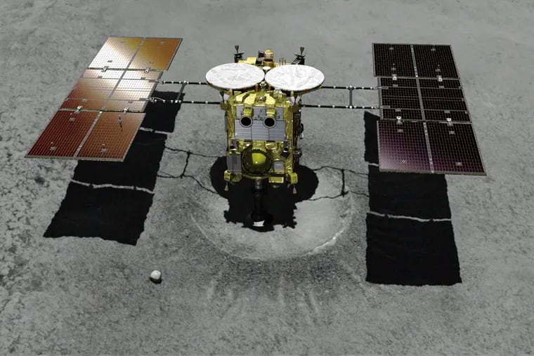 FILE - This computer graphic image provided by the Japan Aerospace Exploration Agency (JAXA) shows the Japanese unmanned spacecraft Hayabusa2.  (JAXA via AP, File)