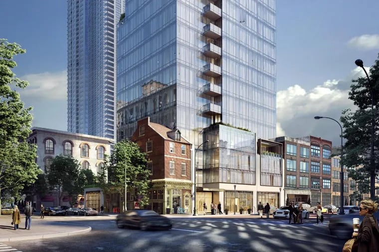 Artist's rendering of most recently presented version of the condo tower planned by Toll Bros. on Center City's Jewelers Row.