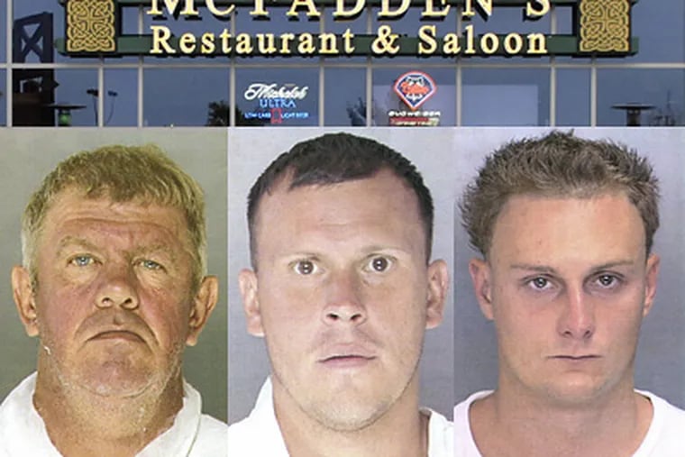 James Groves (left) and Charles Bowers (center) have been charged with murder in the beating death of David Sale after an altercation that began at McFadden's restaurant. A third suspect, Francis Kirchner (right), is still being sought by police.