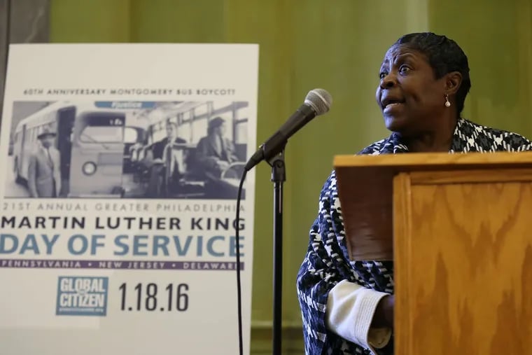 Karen Asper Jordan, of the Cecil B. Moore Philadelphia Freedom Fighters, speaks at the King event.
