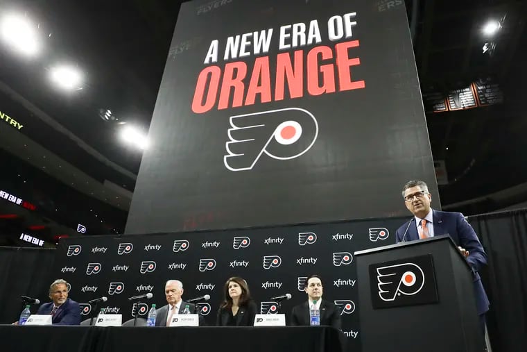 New president of hockey operations Keith Jones speaks during the Flyers press conference at the Wells Fargo Center Friday.