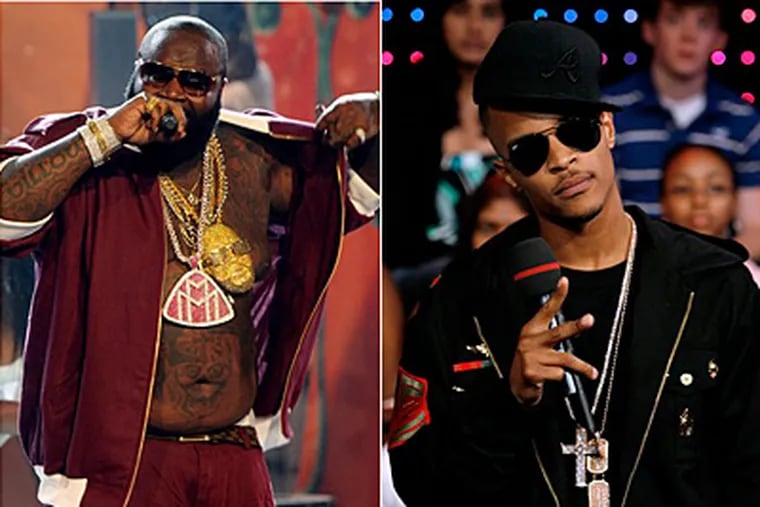 Hip-hop artists are wearing fewer of the pricey medallions, such as worn by Rick Ross (left). At right, T.I. is part of a new generation of rappers who have kept their everyday style within reach of the consumer most likely to emulate them. (AP file photos)