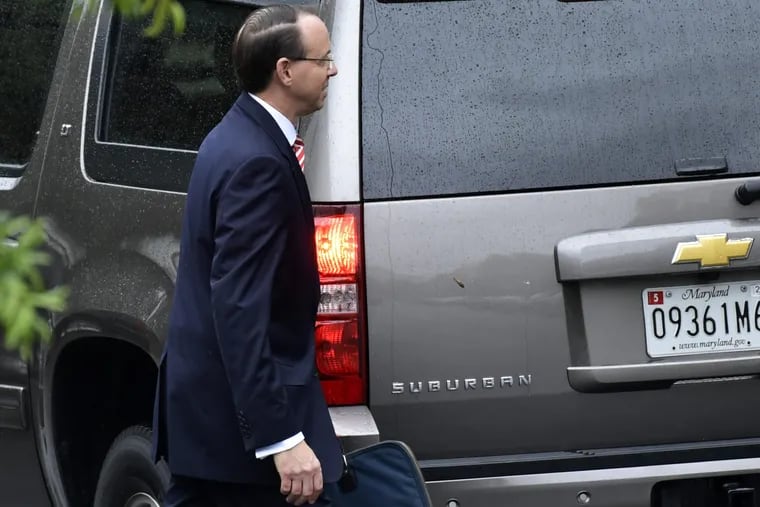 Deputy Attorney General Rod Rosenstein leaves the White House  on Monday.