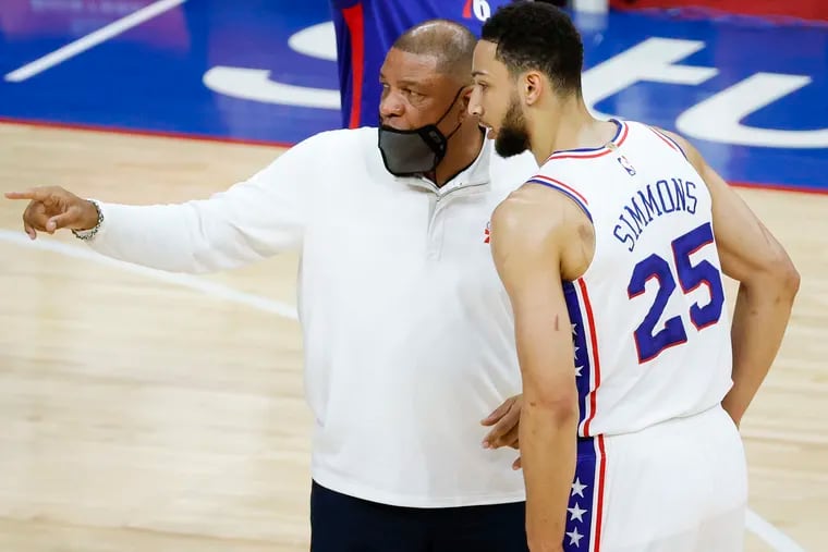 Sixers head coach Doc Rivers speaks with Ben Simmons during action against the Atlanta Hawks at Wells Fargo Center on April 28, 2021 in Philadelphia.