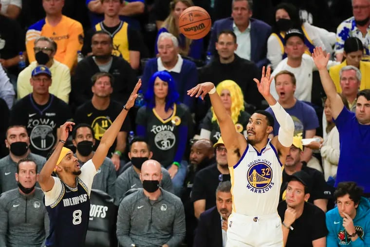 In this photo from May 9, 2022, the Golden State Warriors' Otto Porter Jr. (32) shoots against the Memphis Grizzlies' Ziaire Williams.