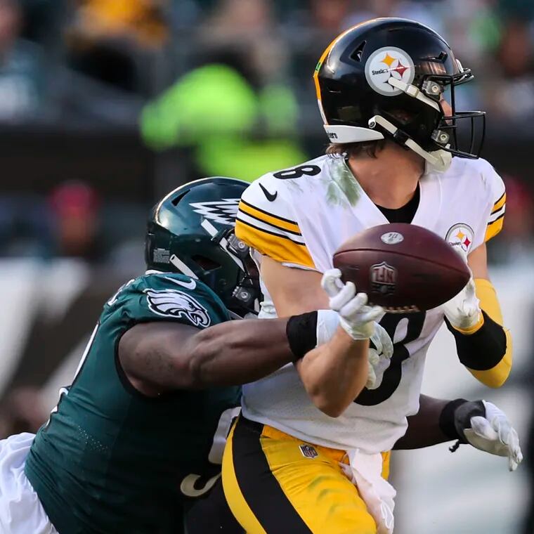 Kenny Pickett getting sacked by Eagles defensive tackle Javon Hargrave during a 35-13 Steelers loss on Oct. 30, 2022.