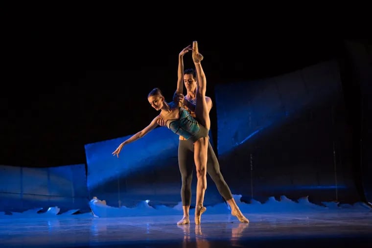 Pennsylvania Ballet Principal Dancers Oksana Maslova and Ian Hussey in Christopher Wheeldon’s DGV: “Danse à Grande Vitesse.”