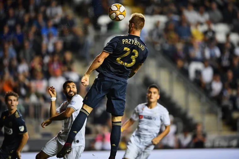 Kacper Przybylko rises high to head in a goal in the Union's 1-1 tie with Los Angeles FC at Talen Energy Stadium.