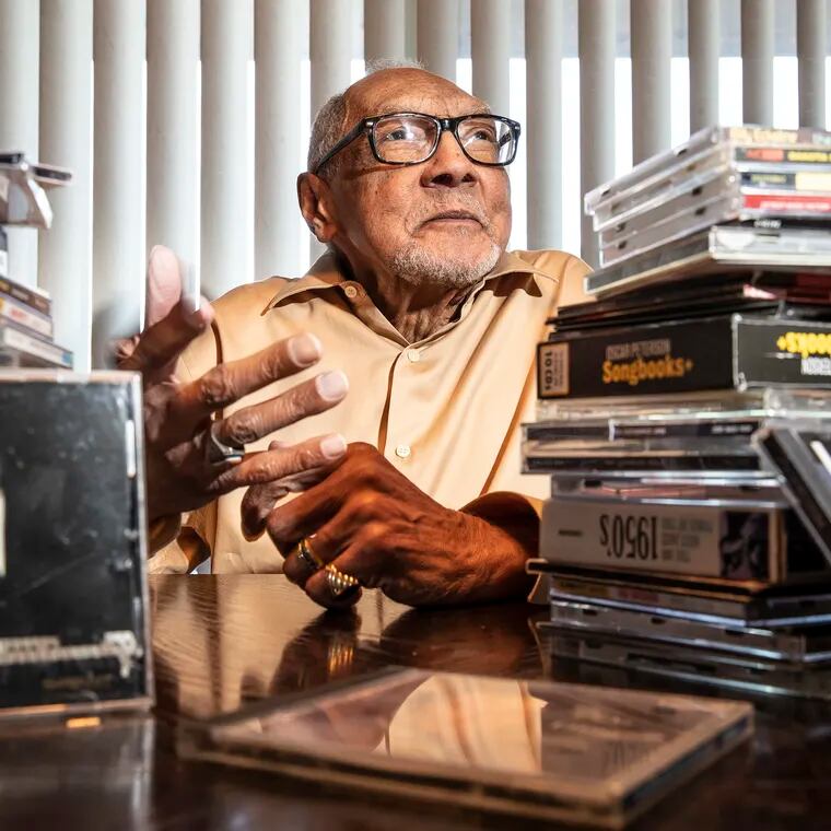WRTI's legendary jazz host, Bob Perkins, surrounded by his CD collection of jazz recordings in his home in Wyncote, Pa., in 2019. The 89 year old DJ will do his final show on the Temple University jazz station on Sunday.