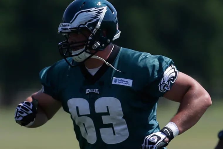 Eagles guard Danny Watkins practices at the team's NFL football training facility, Friday, May 31, 2013, in Philadelphia. (Matt Rourke/AP file)