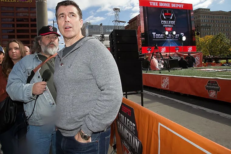 Rece Davis, host of ESPN College GameDay at stage on Market St.
between 5th an 6th in center city Philadelphia on Friday, October 30,
2015.