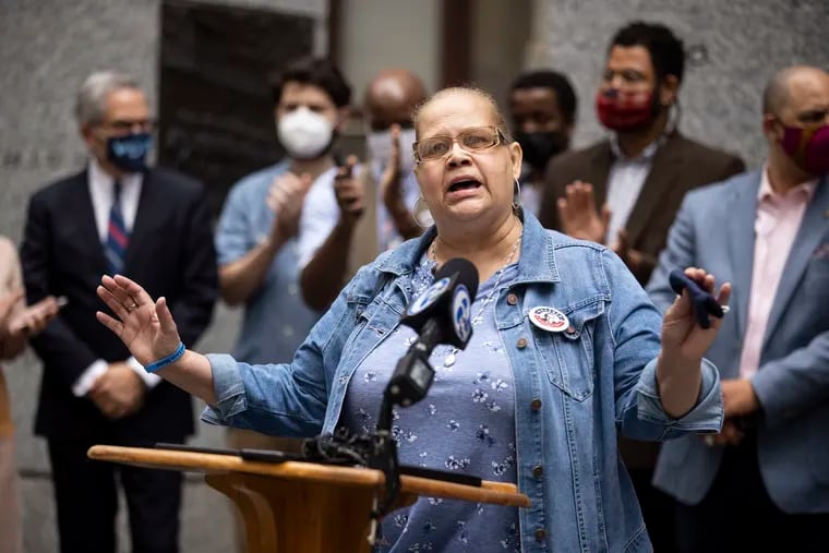 Lorraine "Dee Dee" Haw at a campaign news conference for Larry Krasner last month. Defending an incumbent with a complicated record is an unfamiliar position for progressives like Haw, who have shaken up Philadelphia politics over the last five years.