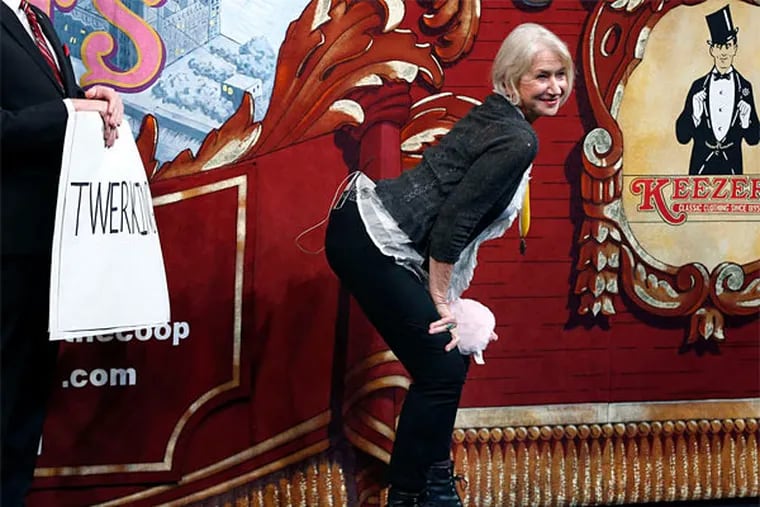 Helen Mirren &quot;twerks&quot; during her roast as woman of the year by Harvard University's Hasty Pudding Theatricals on Thursday.