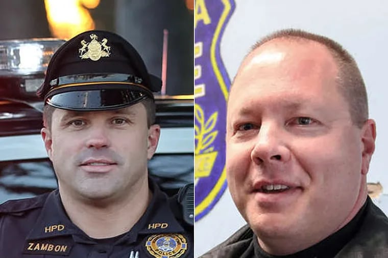 Former SEPTA cops Steven Zambon (left), now a Haverford police sergeant, and Eric Cohn (right), now a Philly police officer, helped a drug-addicted Douglas Kratz turn his life around.