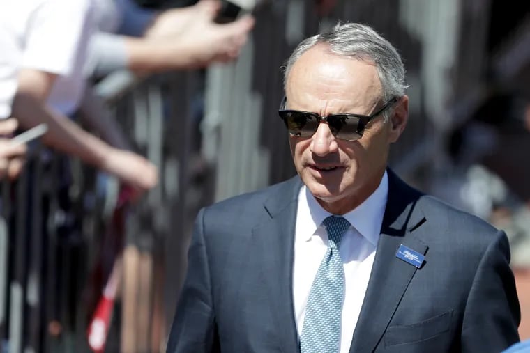 MLB commissioner Robert D. Manfred Jr. arrives before he announces that the Phillies will host the 2026 All-Star game to mark the nation's 250th birthday. The event was held in front of Independence Hall in Philadelphia, PA on April 16, 2019.