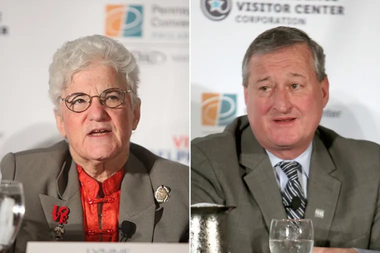 Lynne Abraham (left) and Jim Kenney at a forum at the Independence Hall Visitor's Center in Philadelphia on April 17, 2015. ( STEPHANIE AARONSON / Staff Photographer )