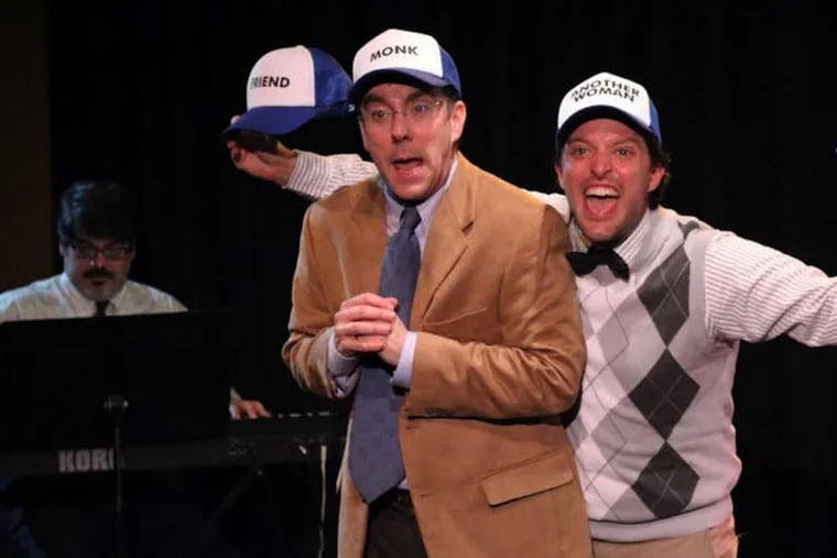 Sonny Leo (left) as the accompanist, Tony Braithwaite (center) and Steve Pacek as the zanies pitching a Gutenberg musical.