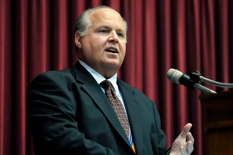 Rush Limbaugh speaks during a ceremony inducting him into the Hall of Famous Missourians in the state Capitol in Jefferson City, Mo. in 2012. Limbaugh says he’s been diagnosed with advanced lung cancer.