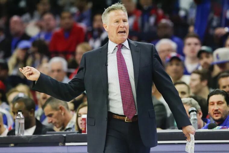 Sixers head coach Brett Brown yelling to his team during the first-quarter against the Miami Heat in Game 5 of the Eastern Conference quarterfinals on Tuesday.