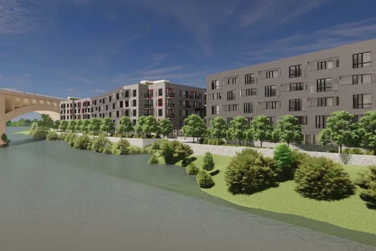 A rendering offering a view of the proposed Rock Development apartment building from the Schuylkill River.