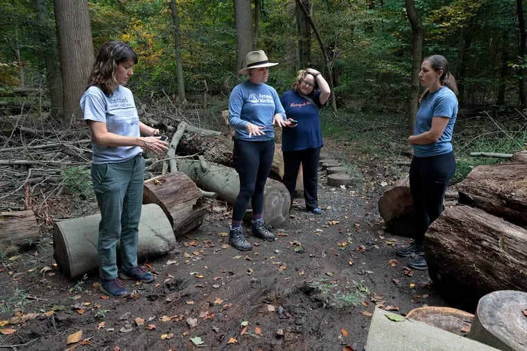 Wissahickon Trails executive director Gail Farmer (from left), Access Birding’s Freya McGregor, Elissa Klinger of Philadelphia, and Wissahickon Trails conservation manager Margaret Rohde listen to suggestions from McGregor as the group hikes in the Camp Woods Preserve in Blue Bell, Pa., on Friday, October 6, 2023. The group is assessing the trail systems to see how they could be more accessible to people with disabilities.