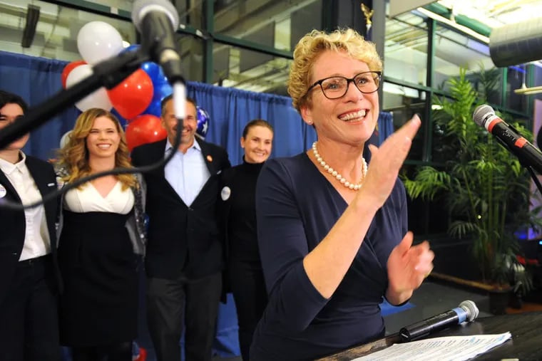 Democrat Chrissy Houlahan celebrates her victory in Pa.'s Sixth Congressional race on Tuesday in Phoenixville.