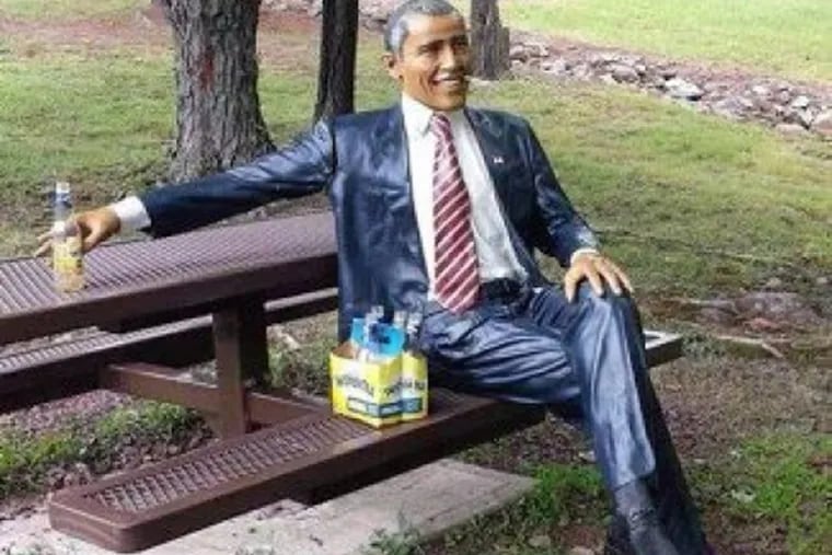It was recovered five days later after a police detective saw a picture posted on Facebook of the statue, lounging at a picnic table at Francis Walter Dam with his right arm outstretched, holding a bottle. (Courtesy of Tiffany Bruce)