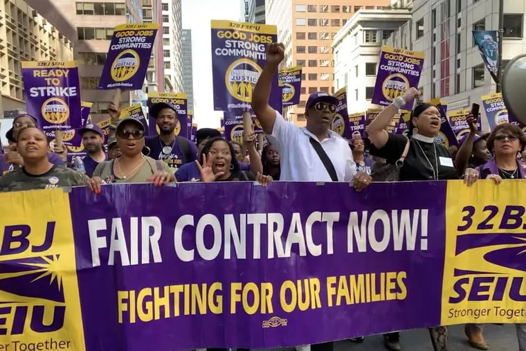 More than 1,000 office cleaners marched to Rittenhouse Square to protest proposed cuts to salary and health care benefits.  With their current pact set to expire Oct. 15, contract talks are underway for more than 3,000 workers in Philadelphia.